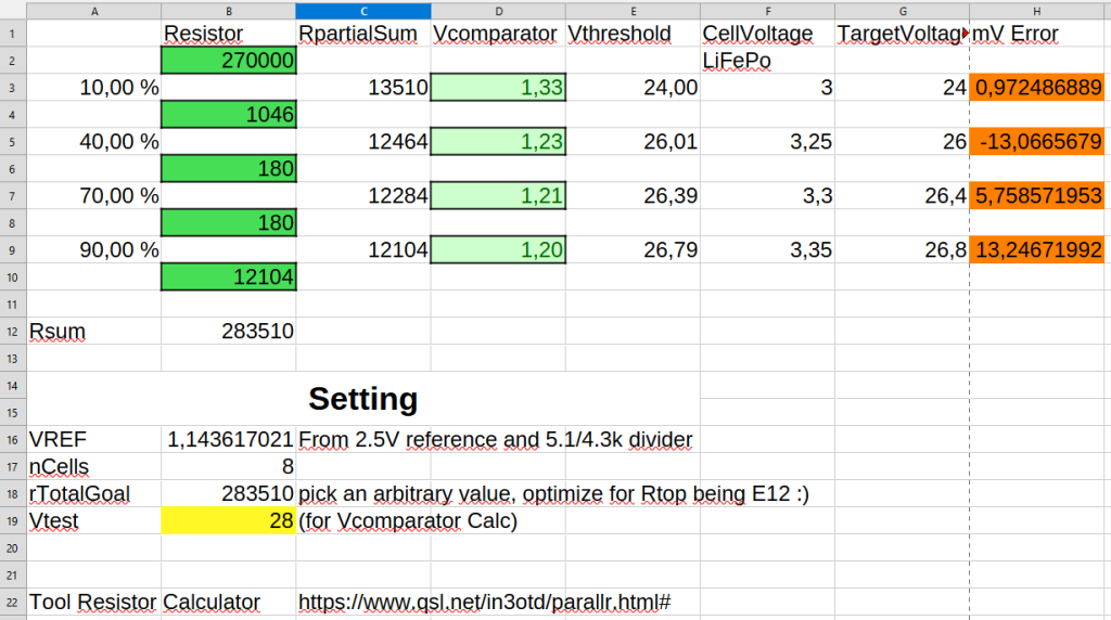 Spreadsheet resistor calculation screenshot