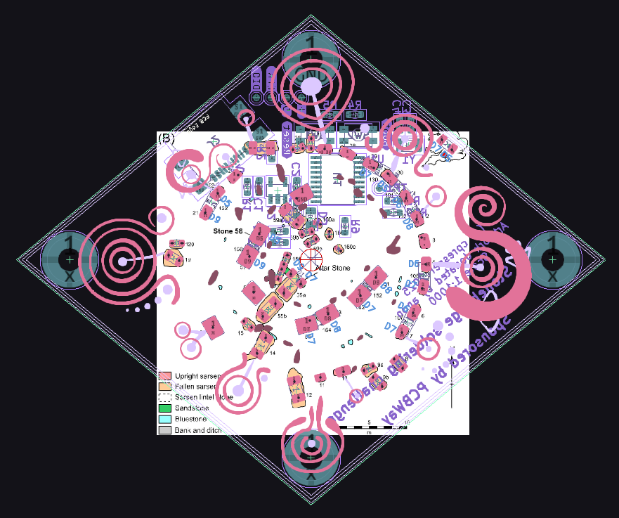 Screenshot from KiCad showing the PCB design with the drawing overlayed 